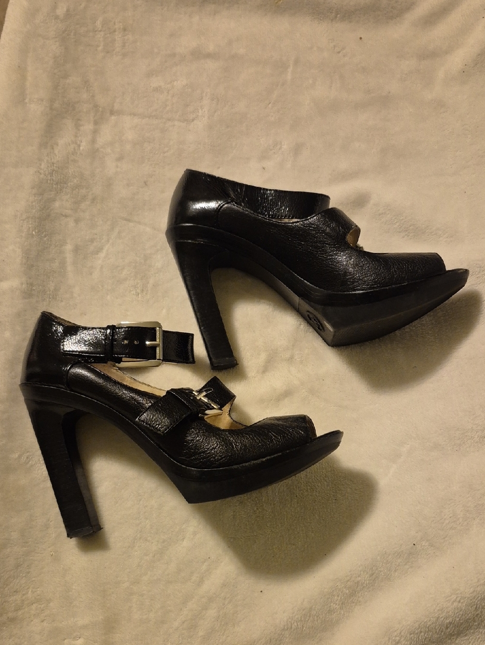 Michael Kors Black Leather Peep-Toe High Heels with Buckle
